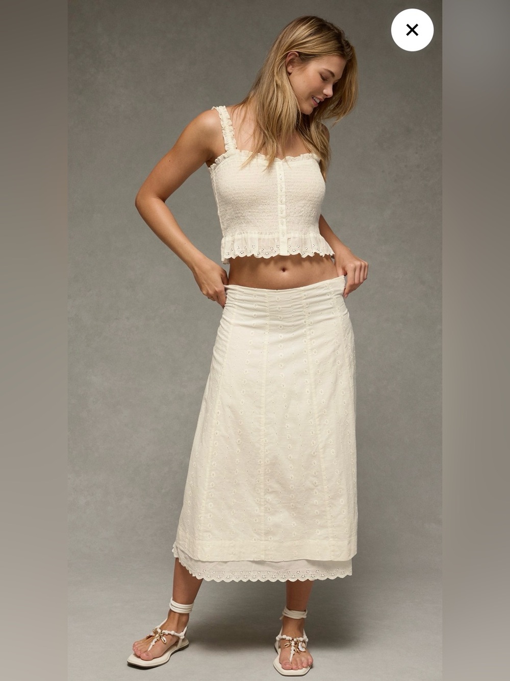 American Eagle XXL Eyelet Cottagecore Off White Pull On Elastic Midi/Maxi Skirt